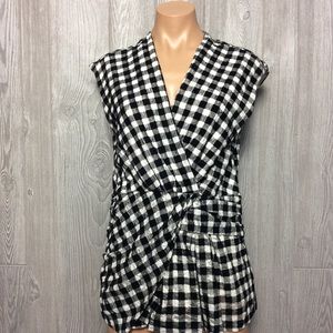 Deletta Black and White Plaid Wrap Blouse